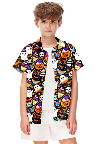 Image of Remimi Unisex Kids Halloween Shirt Boys Pumpkin Ghost Shirts Hawaii Button Up Tops 5-14 Years
