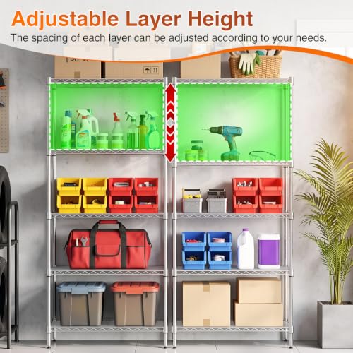 Image of BestOffice | 5-Tier Wire Shelf with Wheels | 14 inch x 30 inch x 60 inch | Chrome | Storage Shelves Metal Shelving with Adjustable Racks, Holds upto 750 lbs | Rust-Resistant No-Tool Assembly | for Home Garage