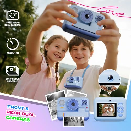 Image of Instant Print Camera for Kids, Christmas Birthday Gifts for Girls Boys Age 3-15, 1080P Selfie Portable Digital Video Camera with 32GB SD Card, 3-Colored Print Paper- Blue
