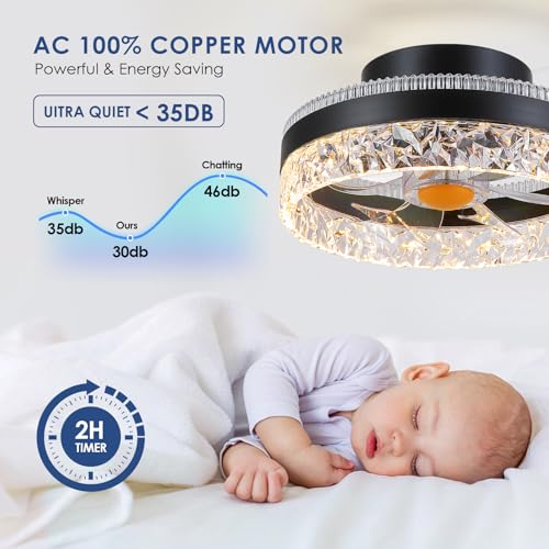 Image of Mpayel 13 inch Low Profile Ceiling Fan with RGB Light - Modern Bladeless Flush Mount Ceiling Fan with Remote, Quiet DC Motor, 6 Speeds, 3CCT Dimmable LED Light for Kids Room, Bedroom & Bunk Beds