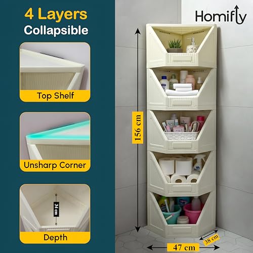 Image of HOMIFLY 5 Tier Corner Storage Cabinet /Stackable Plastic Cupboard for Storage /Foldable Wardrobe for Clothes /Toys Storage Organizer /Cabinet for Kitchen, Bathroom, Living Room (White)