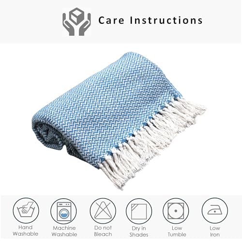 Image of Chevron 78x60 Inch Reversible Cotton Throw Blanket with Tassels| Blanket for Living Room, Sofa, Bed, Chair, Picnic & Used for Gift | Teal Narrow Chevron, Size - 200x150 Cm