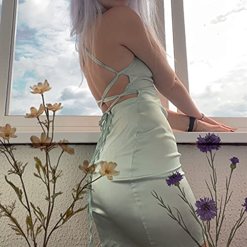 Image of JUMISEE Women Satin Ruched Lace Up Bodycon Mini Dress Sexy Backless Spaghetti Strap Party Dress for Cocktail Clubwear