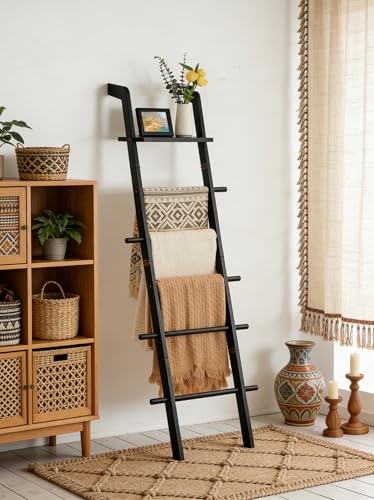 Black Blanket Ladder with Top Shelf for the Living Room - 67in Decorative Wooden Blanket Holder 5 Tier with Side Hooks for Hanging - Rustic Farmhouse Towel Ladder Throw Rack for Organizer and Display