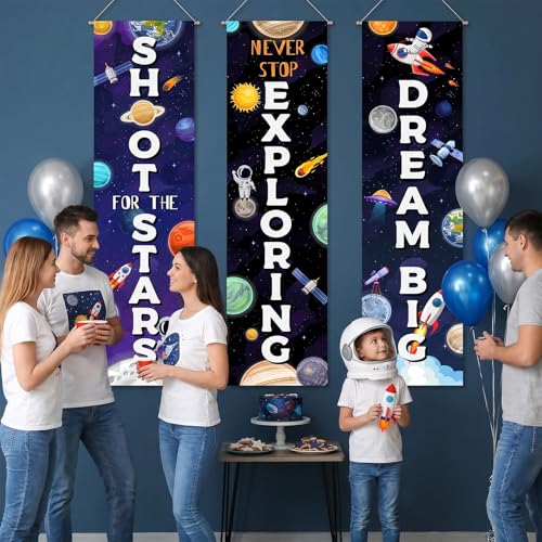 Image of Chiisong 3 Pcs Outer Space Party Decorations Banners Galaxy Vbs Astronaut Porch Signs Never Stop Exploring Back to School Welcome Motivational Hanging Flags Classroom Photo Props Backdrop Supplies