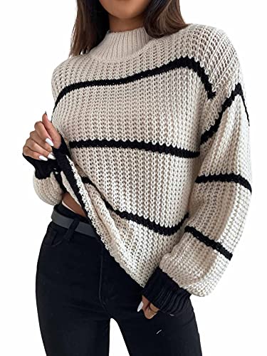Shein Women's Long Sleeve Mock Neck Striped Color Block Loose Pullover Sweater Tops Rib White Medium #TOP3
