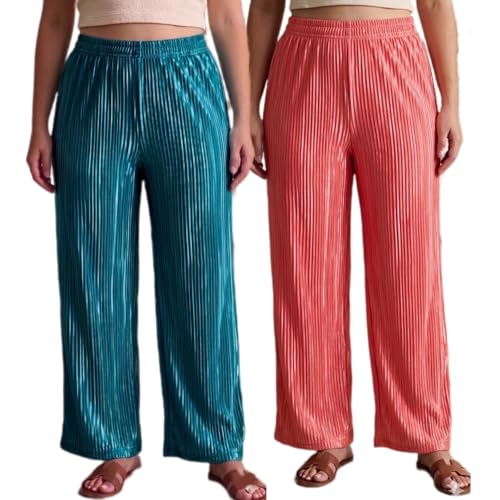 Image of Set of Combo Trouser and Pants for Girls and Women's Relaxed Fit Stretchable Regular Fit Palazzos Lightweight Elastic Waistband Bottoms for Daliy Office & Casual Wear