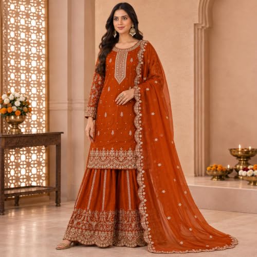 Image of Women's Ethnic Plazzo Suit Set with Kurta & Dupatta | Fendy Fabric Embroidered Kurta Set | Round Neck 3 /4 Sleeve Dress | Elegant Outfit