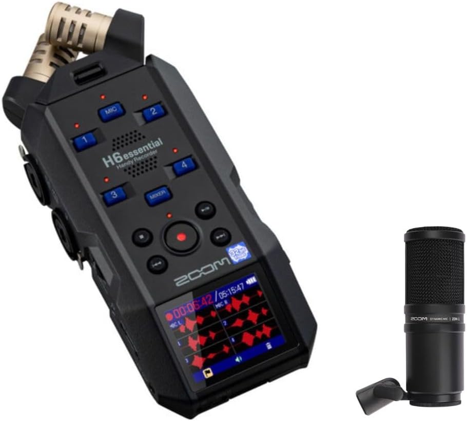 Zoom H6essential 6-Track 32-Bit Float Portable Audio Recorder, Accessibility, Stereo Microphones, 4 XLR/TRS Combo Inputs, USB Interface, for Musicians, Podcasters Bundle with ZDM-1 Dynamic Microphone