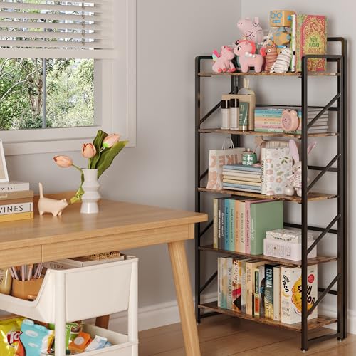 Image of JSB Folding Bookshelf,Industrial Storage Shelves, No Assembly Vintage Wood Look Bookshelf with Storage Shelves for Living Room, Bedroom, Office (Fire Brown, 5-Tier)