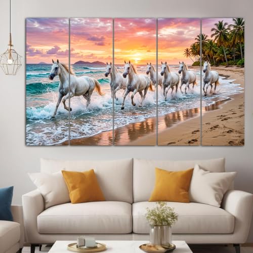 Image of Spacter white 7 Horses Wall Painting for Living Room Big Size - 7 Running Horses Painting Vastu for Bedroom, Office, Hotel - Wall Decor Digital Painting Wooden Framed for Gifting (,30x60 Inch)