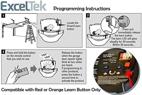 Step-by-step diagram for programming the ExcelTek garage door remote, showing locating the learn button, pressing it, and then pressing the remote button.
