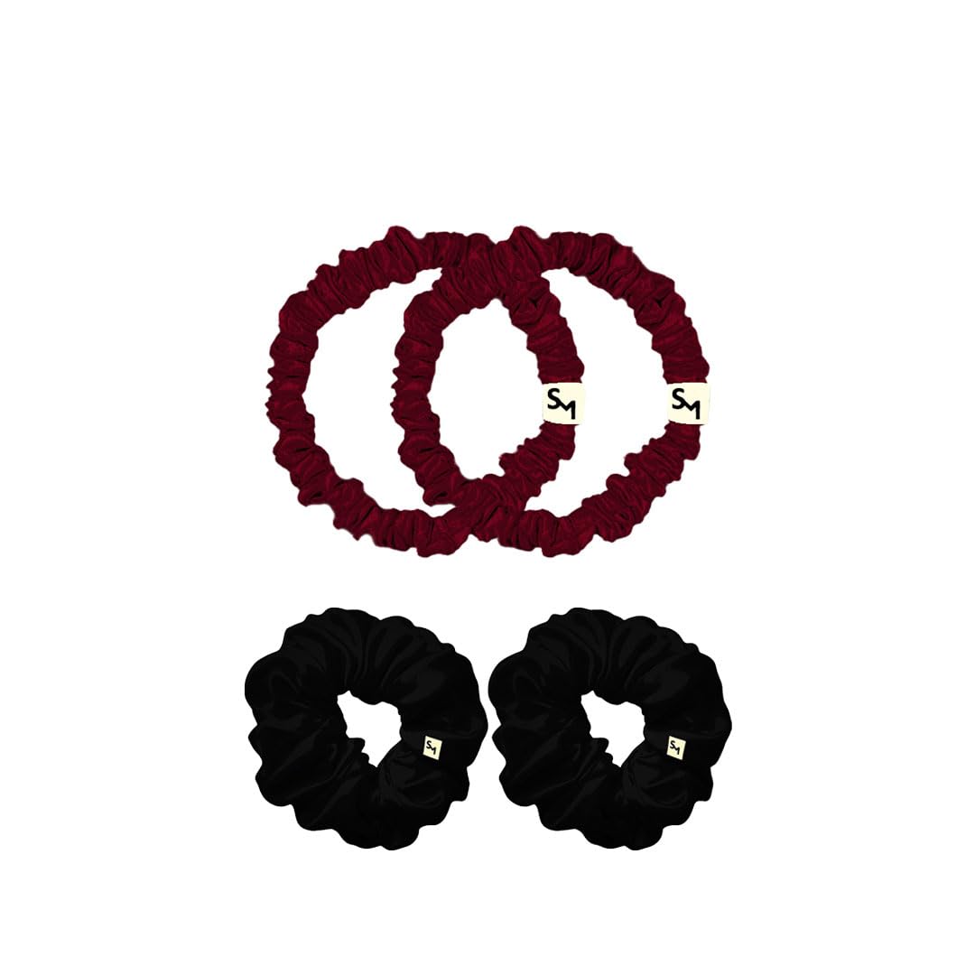 Silk Me Dreamy Double III - Hair Nourishment - Hypoallergenic and Anti bacterial properties - Hair Hydration - 2 Slim and 2 Mini Scrunchies - 2 Maroon (Slim), 2 Black (Mini)
