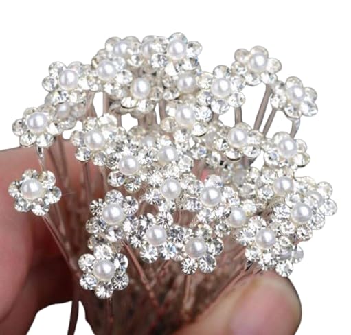 20 Pcs Bride Diamond Pearl Flower Tiara Wedding Bridesmaid Pearl Flower Hair Pin Delicate and Elegant Female U-pin Metal Hair Fork for Women's Hair Jewelry