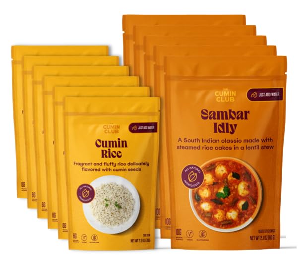 The Cumin Club Sambar Idly + Rice Sides Bundle Comidas vegetarianas listas para comer (paquete de 5 Sambar Idly + Paquete de 6 Arroz)