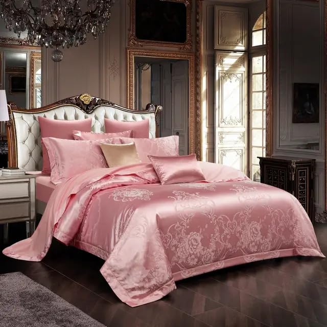 JJ's European Style Self Printed Silk & Cotton Dual Sided 5 Pcs King Size Double Bed Bridal Wedding Bedding Set with Heavy Comforter/Quilt (Rose Gold)