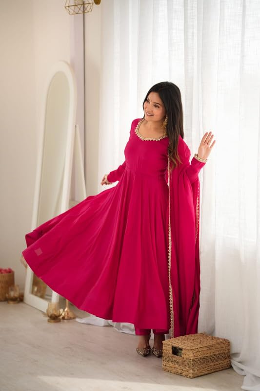 TREZX COLLECTION महिलाओं के लिए प्योर मल चंदेरी अनारकली सूट सेट - Image 4