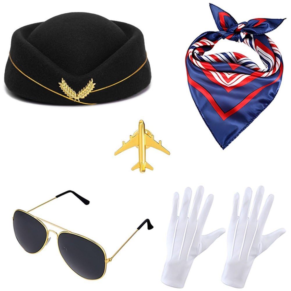 5 Pezzi/Set Accessori per Costume Assistente di Volo, Spille per Cappello Assistente, Guanti, Occhiali Sole, Sciarpa per Travestimenti Cosplay
