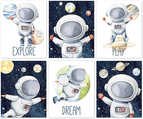 RUIYAN 6 Pieces Funny Inspirational Cartoon Outer Space Astronaut Planet Wall Art, Explore Dream Discover Art for Boys,(8*10inch)Perfect Nursery Playroom Classroom or Children Room Decor