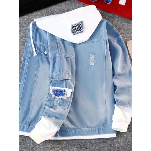 Mens Loose Fit Denim Coat Hooded Long Sleeve Single Breasted Washed Jeans Jacket Spring Autumn Spliced Casual Outerwear2