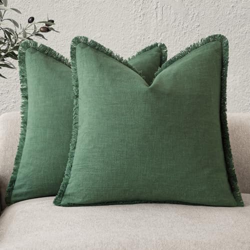 Image of Foindtower Set of 2 Decorative Linen Fringe Throw Pillow Covers Cozy Boho Farmhouse Cushion Cover with Tassels Soft Accent Pillowcase for Couch Sofa Bed Living Room Home Decor, 16x16 Inch, Pine Green