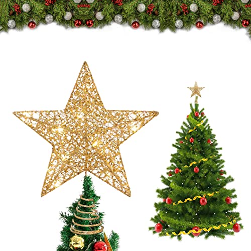 PHIEZC Estrella para árbol de Navidad, decoración para árbol de Navidad, metal dorado brillante, 20 cm, con primavera, para decoración de árbol de Navidad (dorado) Cover