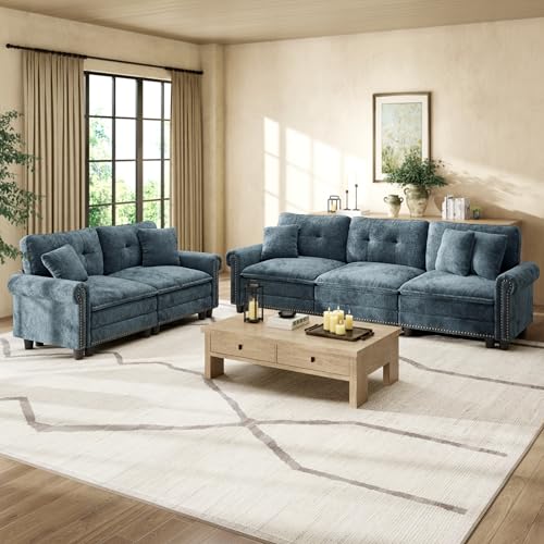 Image of HERA'S HOUSE Modular Sectional Sofa Set for Living Room 2-Piece Deep Seats | Mid-Century Modern 5-Seater Cloud Sofa Set, Cyan, Rolled Arms & Nailhead Trim, Wider Deeper Seats, Chenille Furniture Set