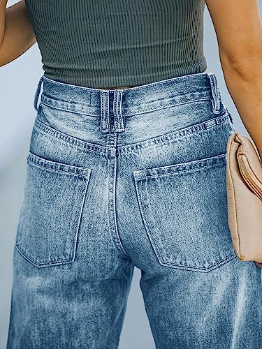 PLNOTME Women's High Waisted Boyfriend Jeans Baggy Wide Leg Ripped Casual Distressed Denim Pants Blue4