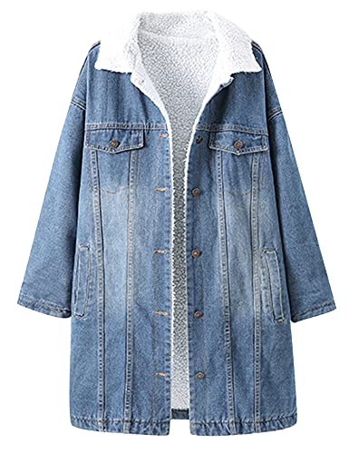 Snoly Jaqueta jeans longa forrada de lã de ovelha quente com lapela feminina, Azul-claro, M