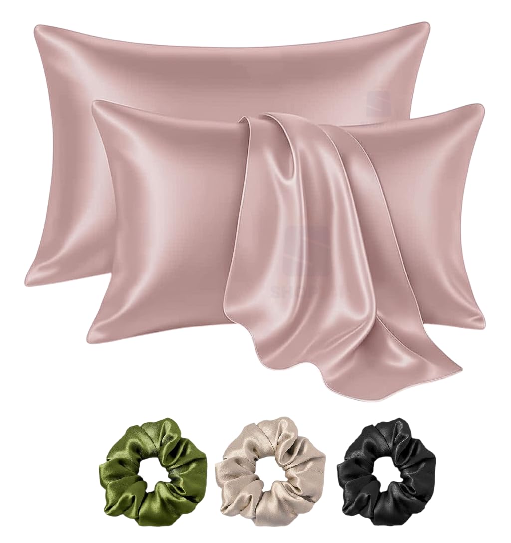 Shop141 Satin Silk Pillow Cover for Hair and Skin 2 Piece with 3 Piece Satin Silk Scrunchies Free Solid Pillow Covers with Envelope Closure (Beige)