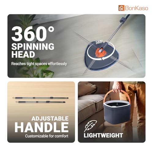 Image of BonKaso 360 Spin Mop with Drop Bucket Deluxe System Set and Reusable Microfiber Pads for Wet & Dry Glass, Wall, Tile and Home Floor Cleaning - Grey and Orange