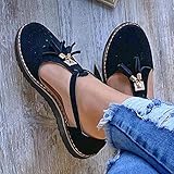 Características de las sandalias: estas elegantes sandalias informales universitarias de punta redonda te hacen más encantador.Es liviano con un diseño de forma plana que te hará caminar de manera más constante, las sandalias de plataforma para mujer con detalle de borlas se destacan en el diseño, la hebilla de correa ajustable en el tobillo para un ajuste seguro.