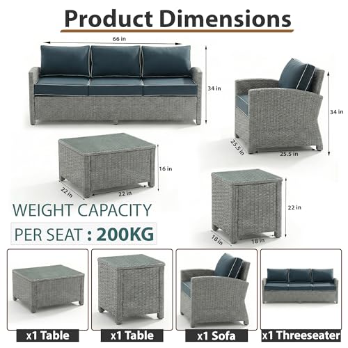 Image of OUTLIVING Outdoor Sofa Set || Patio Furniture Sets || Balcony Sofa || Indoor Sofa || Wicker Rattan Garden Sofa Set with Cushion and Center Table (5 Seater,Grey with Navy Blue Cushions)