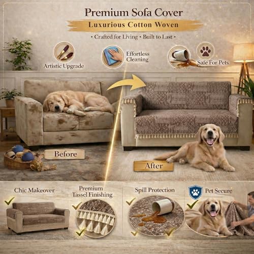 Image of STITCHNEST 'Artisoul Series' Chenille Sofa Cover 2 Seater with 2 Hand Rest Covers | Premium Heavy Fabric, Washable & Fade Resistant | Beige Star Sofa Protector with Tassels | Size 48x30 Inch