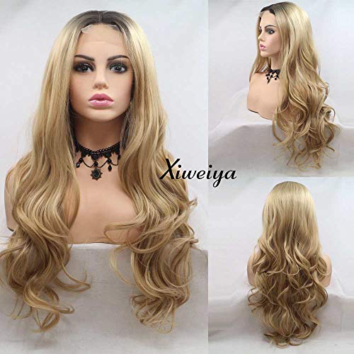 Xiweiya Long Blonde Wavy Wig long Soft Synthetic lace Front Wigs U Part for Women, Drag Queen with Heat Resistant Fiber Hair Replacement Wig Long Blonde Hair Middle Part 24 inch