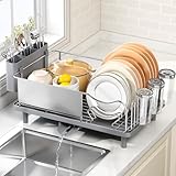 Dish Drying Rack Large Capacity - Stainless Steel Dish Rack for Kitchen Counter with Drain Board, Rustproof Dish Drainer with Auto Drain Spout Utensil Holder Glass Holder, Dinnerware Organizer, Gray