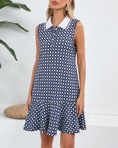 Image of YEXPINE Women's Sleeveless Polo Dress Ruffle Hem Lapel V Neck T-Shirt Summer Mini Dresses