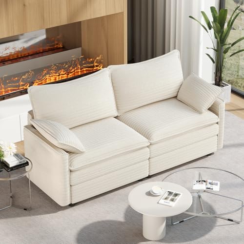 Image of Vesgantti 74 inch Loveseat Sofa for Living Room, Comfy Cloud Couch Deep Seat Corduroy Modern 2 Seater Small Sofa with Armrest Pillow, Easy Assembly for Small Spaces, Beige