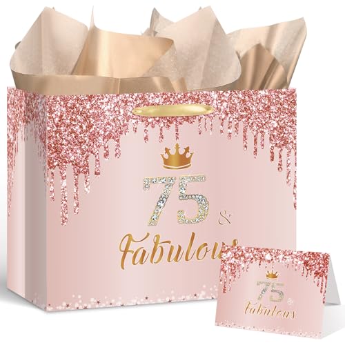 Yoirrat Rose Gold 75th Birthday Gift Bag for Women 75 & Fabulous Large Pink Happy 75th Birthday Gift Bag with Wrapping Paper and Card for 75th Bday Decorations Party Supplies
