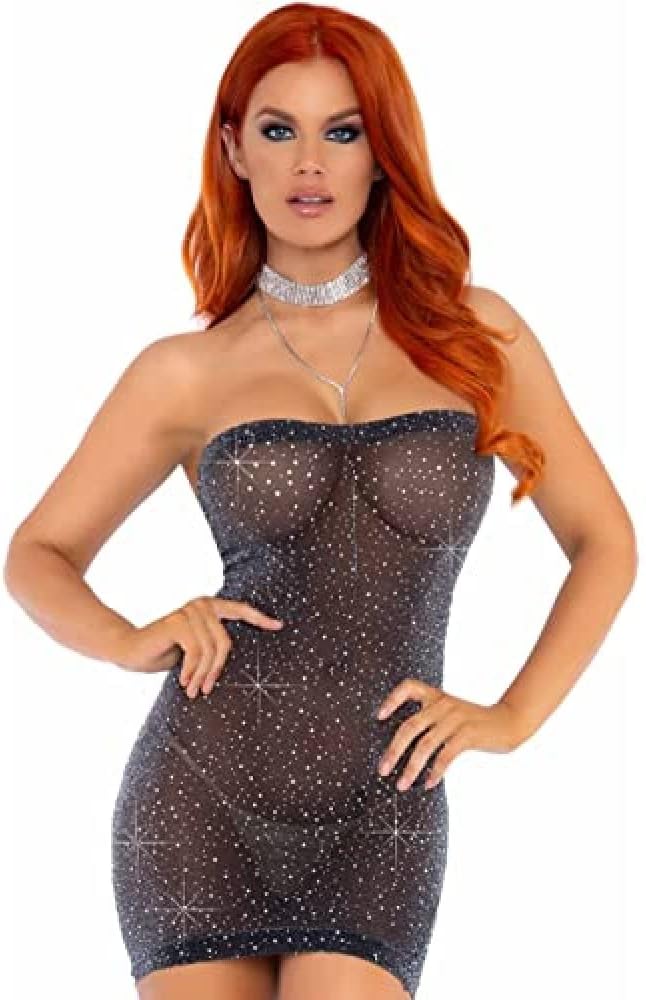 Leg Avenue Shimmer Sheer Lurex Rhinestone Tube Dress, Black/Silver, One Size - Image 2