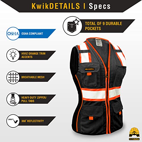 Kwiksafety (Charlotte, Nc Black Widow Safety Vest For Women (Snug-Fit) 9 Pockets Premium Ansi Class Unrated Custom High Visibility Reflective Slim Fitted Construction Work Gear | Black/Orange Medium #TOP5