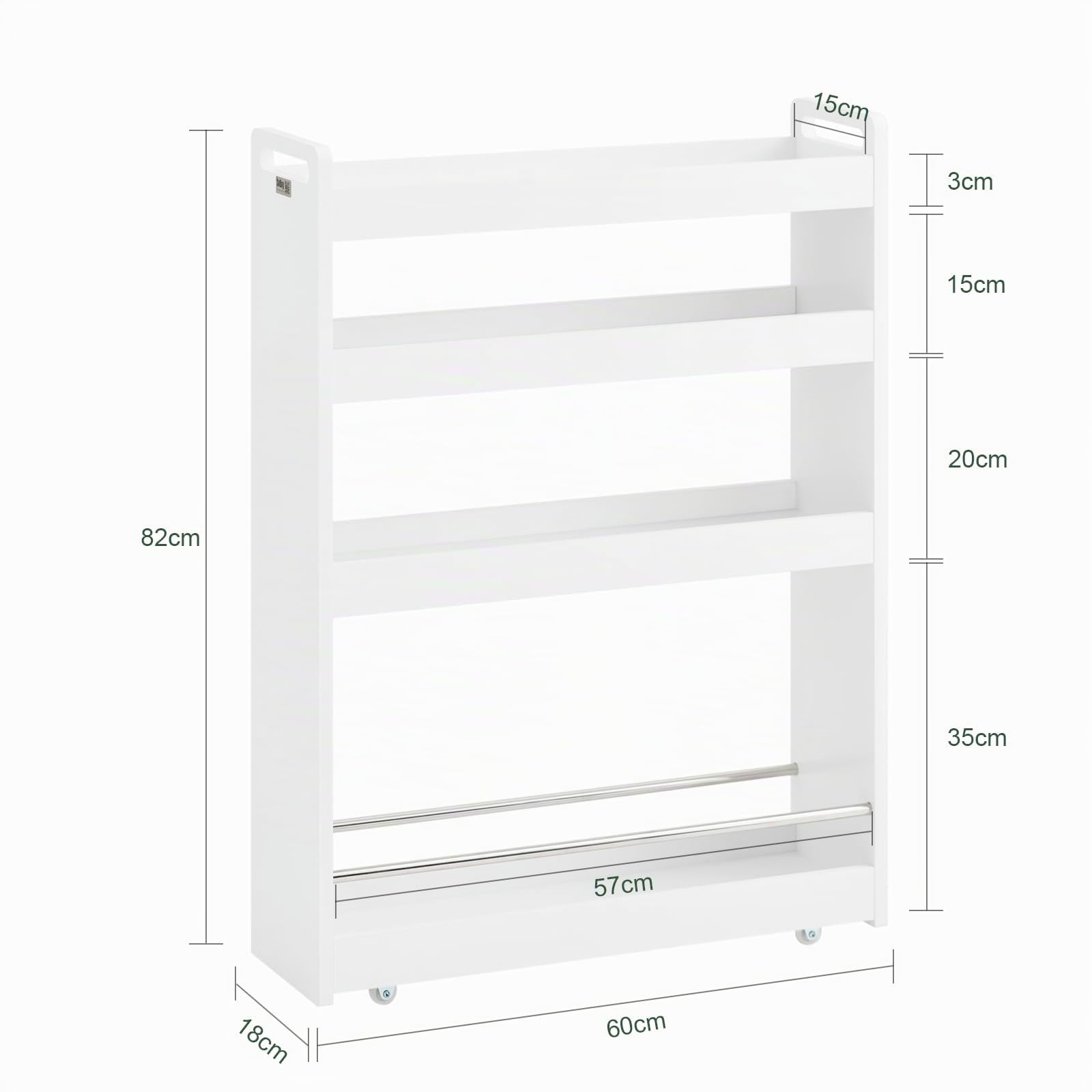 SoBuy Carro Auxiliar con Ruedas, 18cm, extraíble, 4 Niveles, 60x82x18cm | Estante Salvaspacio 4 niveles, asa & barra anticaída, carga 5 kg/nivel, fácil limpieza, MDF, cocina & baño & entrada, NSR01-W