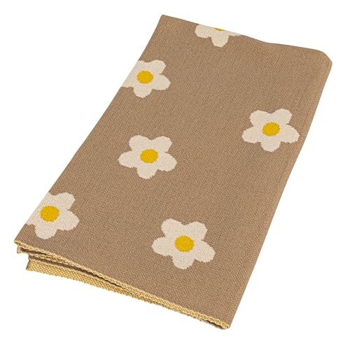 Image of Creative Co-Op Cotton Knit Baby Blanket with Printed Flowers, Brown and White