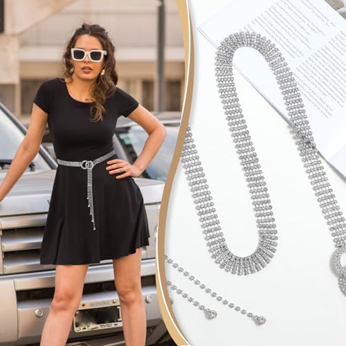 Grevosea Silver Belt for Woman, Rhinestone Chain Belt O Ring Buckle Crystal Waist Belt Bling Diamond Belts for Women Dresses (135cm)4