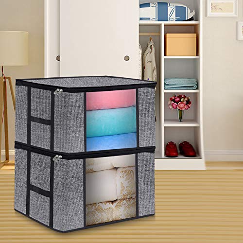 Comforter Storage Bags Blankets Containers, Large Breathable Clothes Closet Organizers, Create Extra Storage with Clear Window, Set of 2 Black