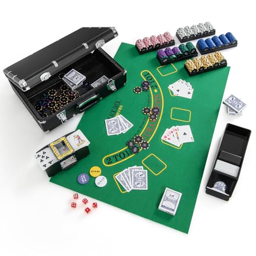 GOPLUS 600 Stück Pokerset, Pokerkoffer mit 2 Kartendecks & 5 Würfel & 3 Dealer-Buttons & Pokertuch & Automatischer Kartenmischer & Kartengeber, Texas Holdem Poker Set für Blackjack (600 Chips)