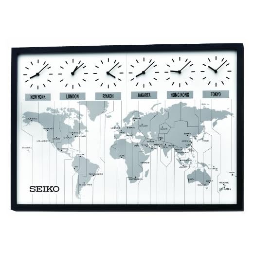 Seiko QXA538KLH World Map View Multi Time Wall Clock, Black, 23.5 x 33.5 Inches