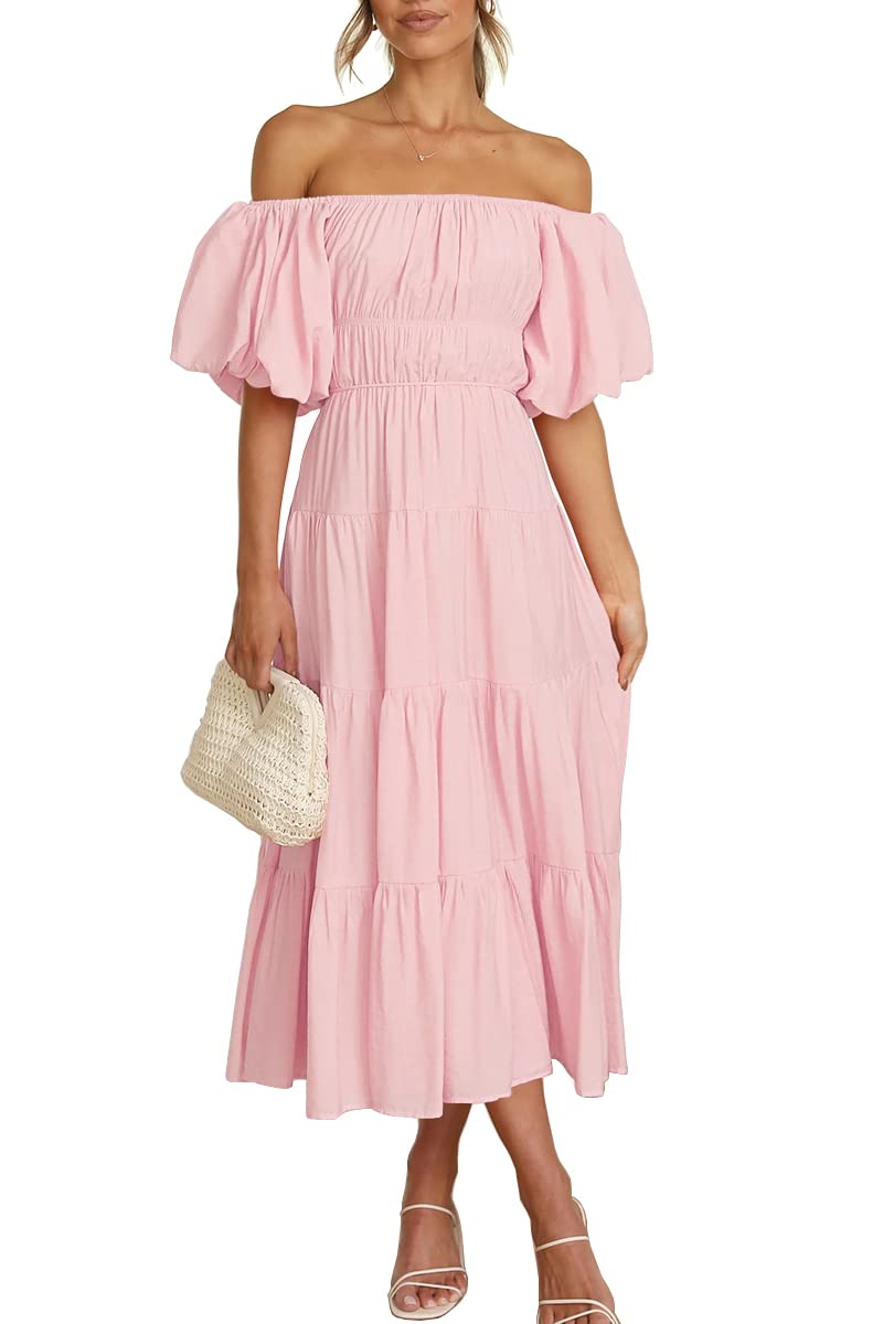 LILLUSORYOff The Shoulder Dresses for Women 2023 Summer Smocked Midi Dress