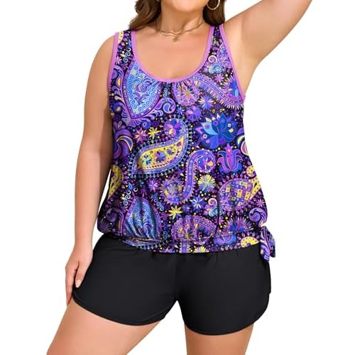 Arolina Blouson Tankini Swimsuits for Women Two Piece Modest Bathing Suit (S-24W) X-Large Purple Paisley