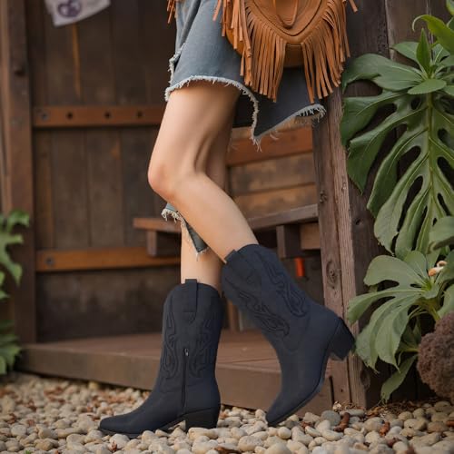 Image of AOSPHIRAYLIAN Cowboy Boots for Women Retro Pointed Toe Pull On Block Chunky Heel Glitter Sparkly Metallic Embroidecamel Country Concert Outfits Calf Western Cowgirl Boots